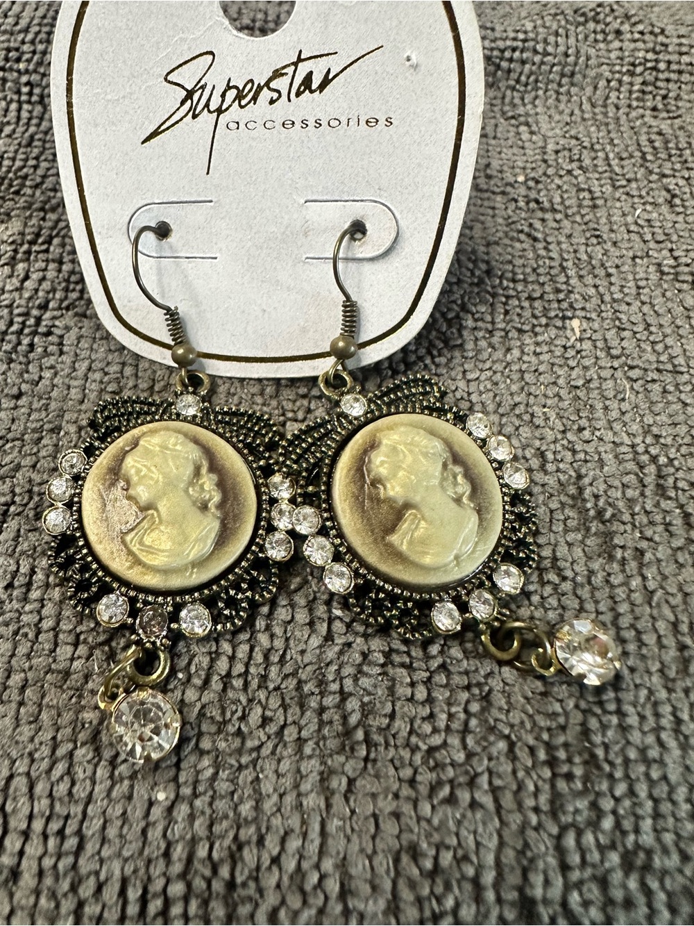 cameo Antique-Style Gold Cameo Drop Earrings with Clear Crystal Accents